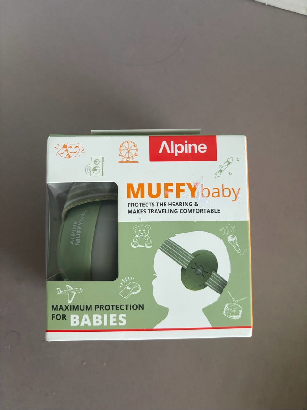 Alpine Muffy baby ear protection headphones - green and white box